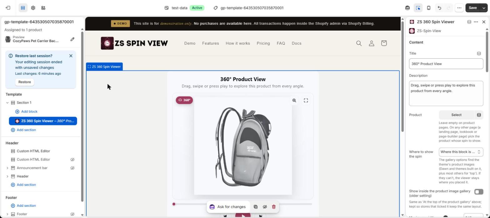ZS 360 Spin Viewer block inside a GemPages product page in the Shopify theme editor