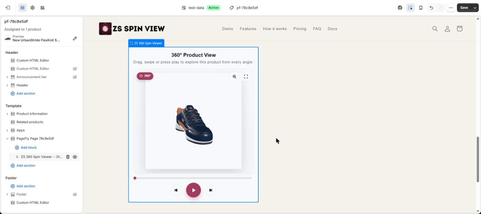 ZS 360 Spin Viewer block inside a PageFly page section in the Shopify theme editor